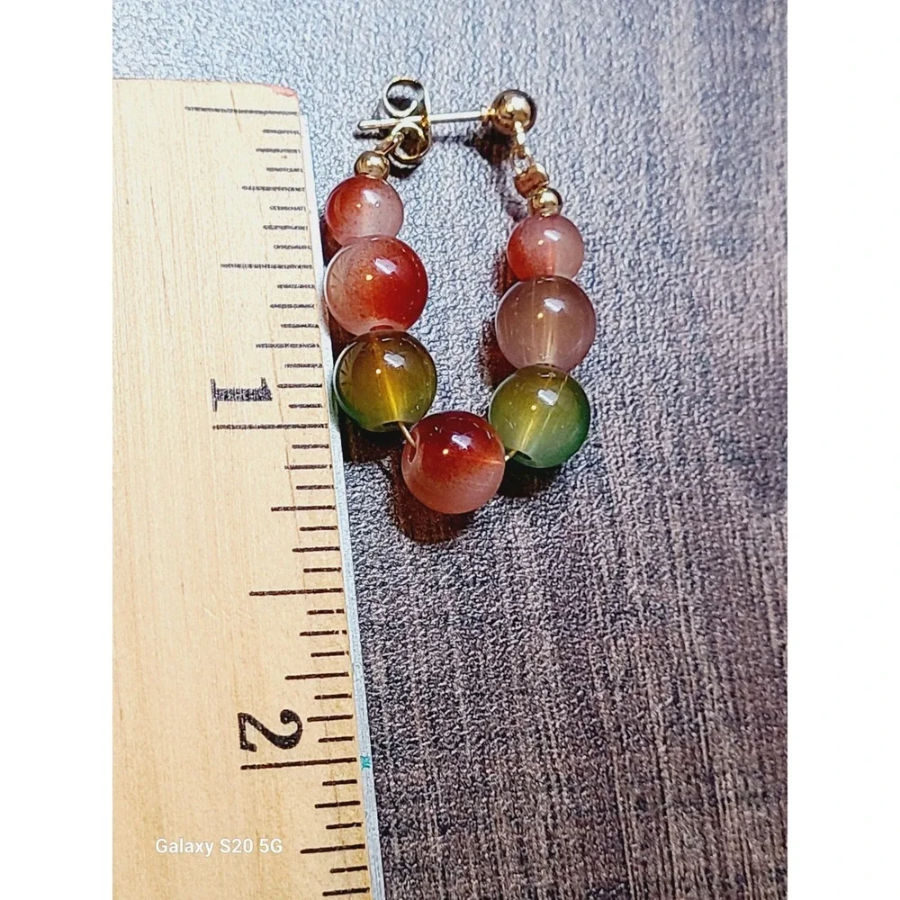 Red‎ and Green Agate Bead Gold Tone Hoop Post Earrings Bohemian Gemstone Jewelry